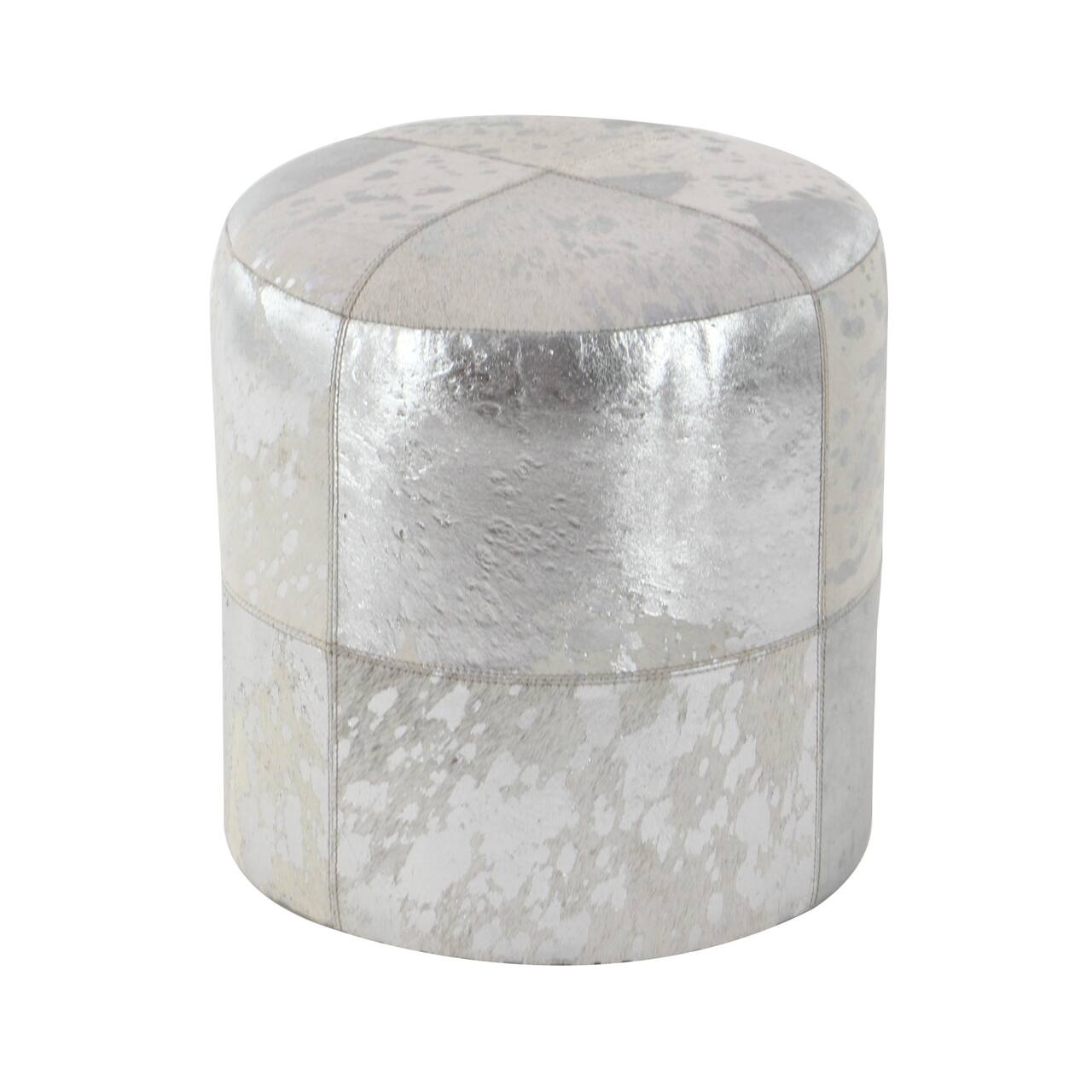 17" Silver & White Leather & Wood Glam Ottoman